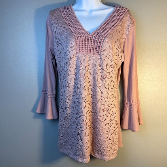 Shannon Ford New York Tops - Shannon Ford New York Mauve Lace Tunic Top Size Small Bell Sleeve Boho